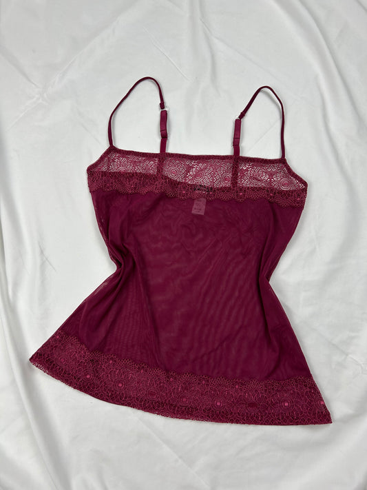 Burgundy mesh see trough babydoll cami top (L)