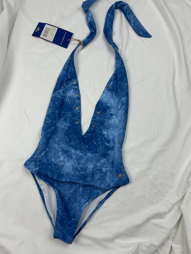 Blue halter neck body backless swimsuit (S)