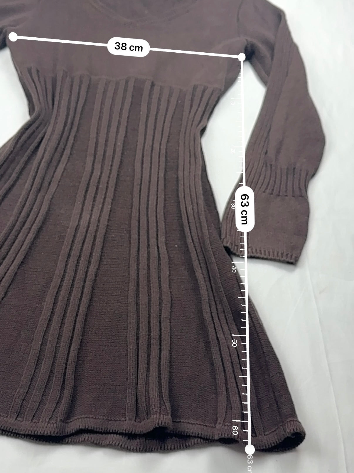 Brown knitted flared long sleeves jumper dress (M)