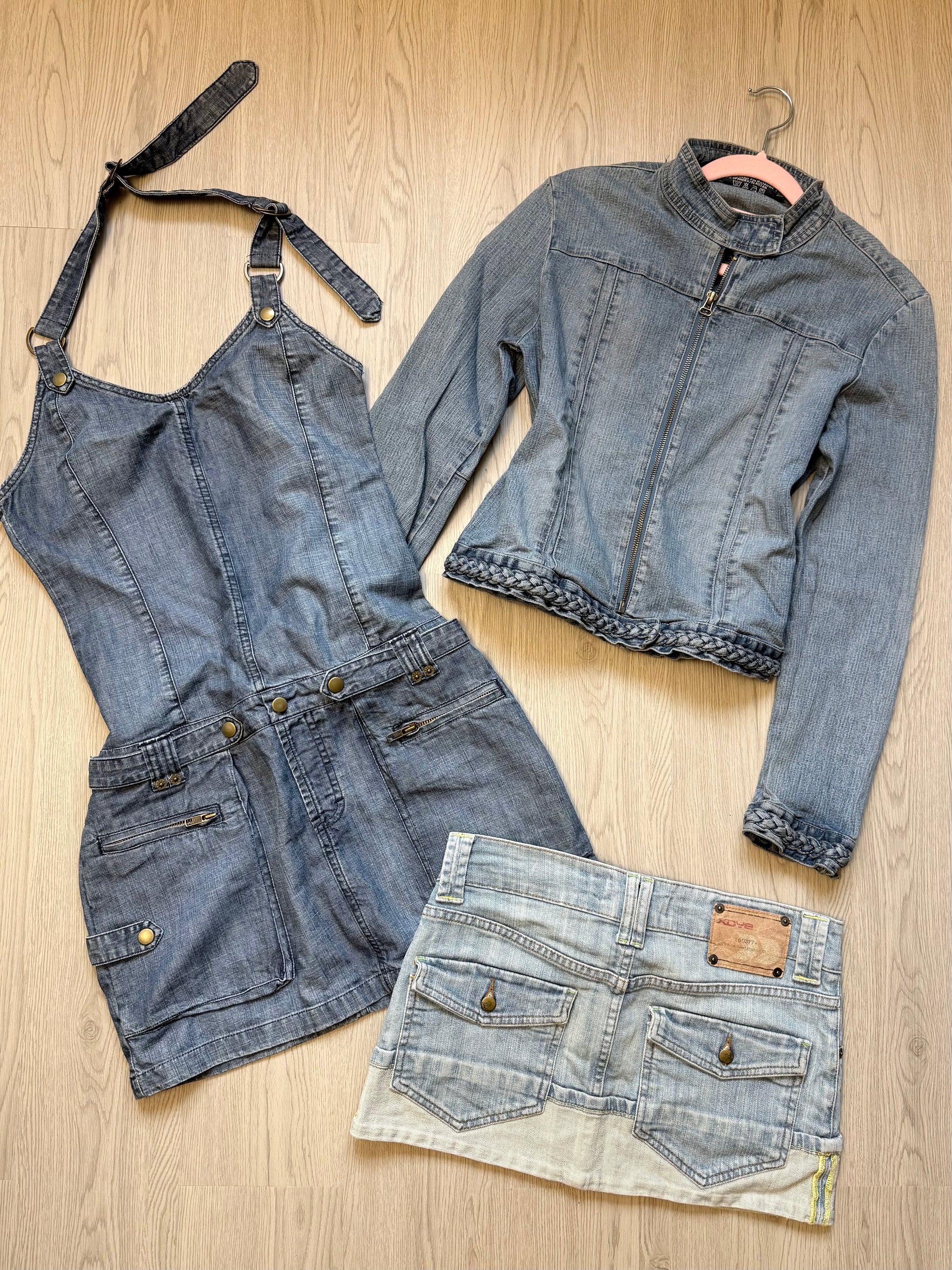 Blue denim tight fit zip up biker jacket (S/M)