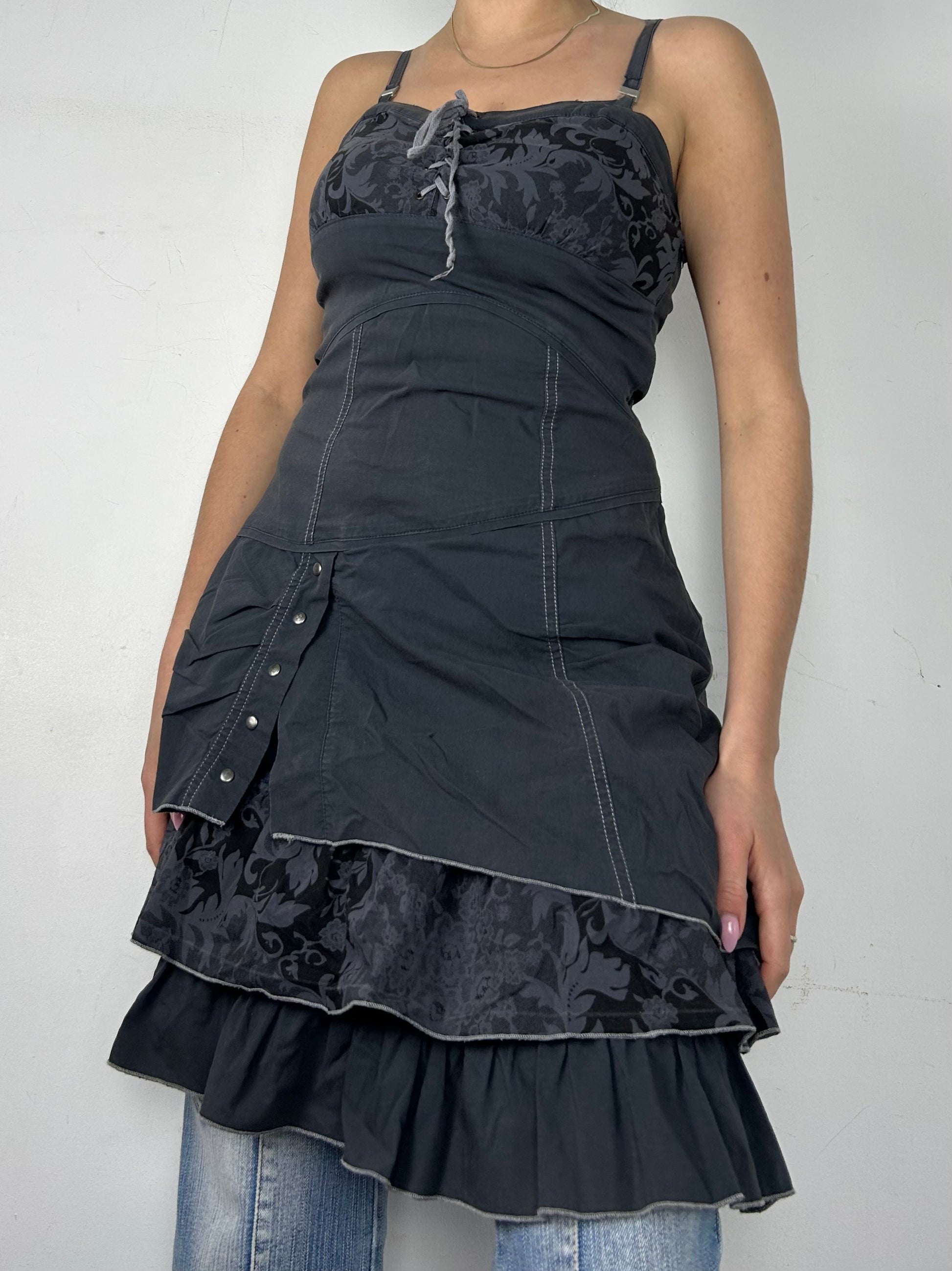 Grey 100% cotton lace up bustier mini dress (S)