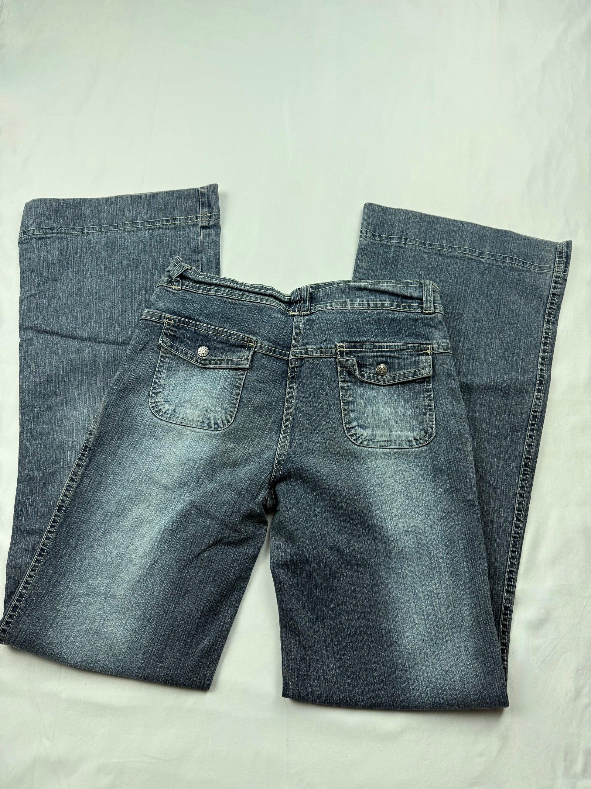 Navy blue denim low rise flared baggy pants (S)