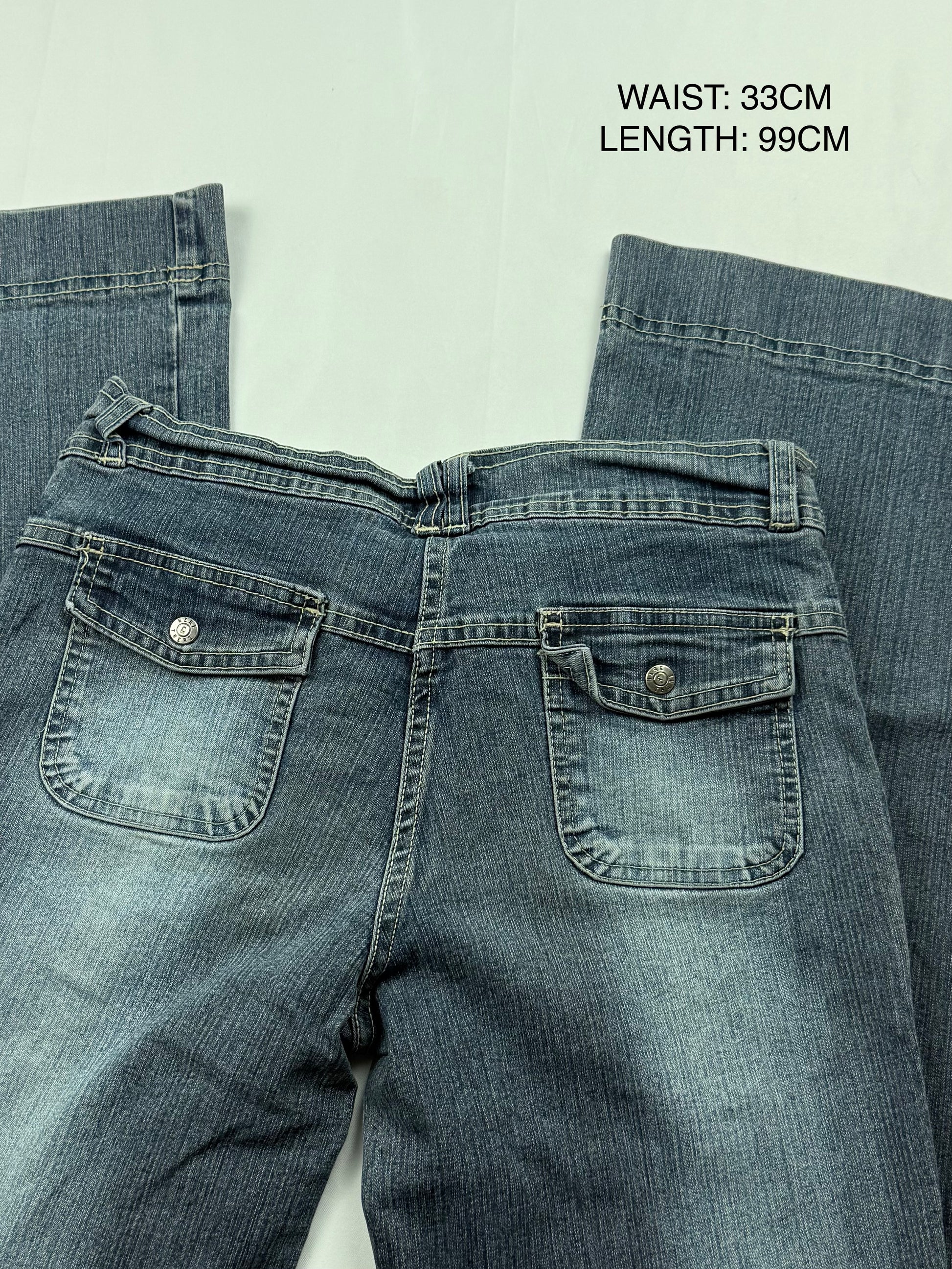 Navy blue denim low rise flared baggy pants (S)