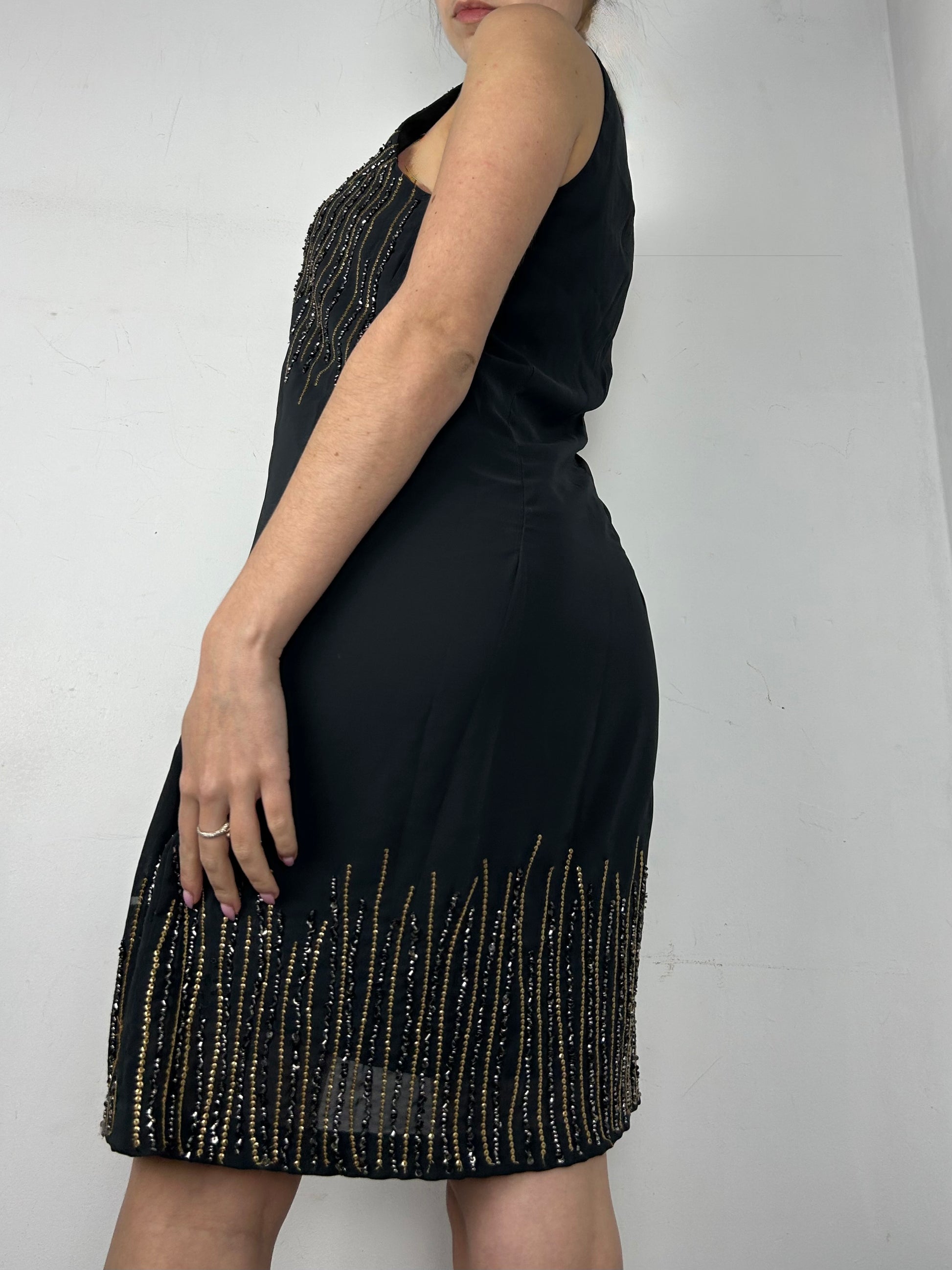 Black mesh lined rhinestone mini dress (M)