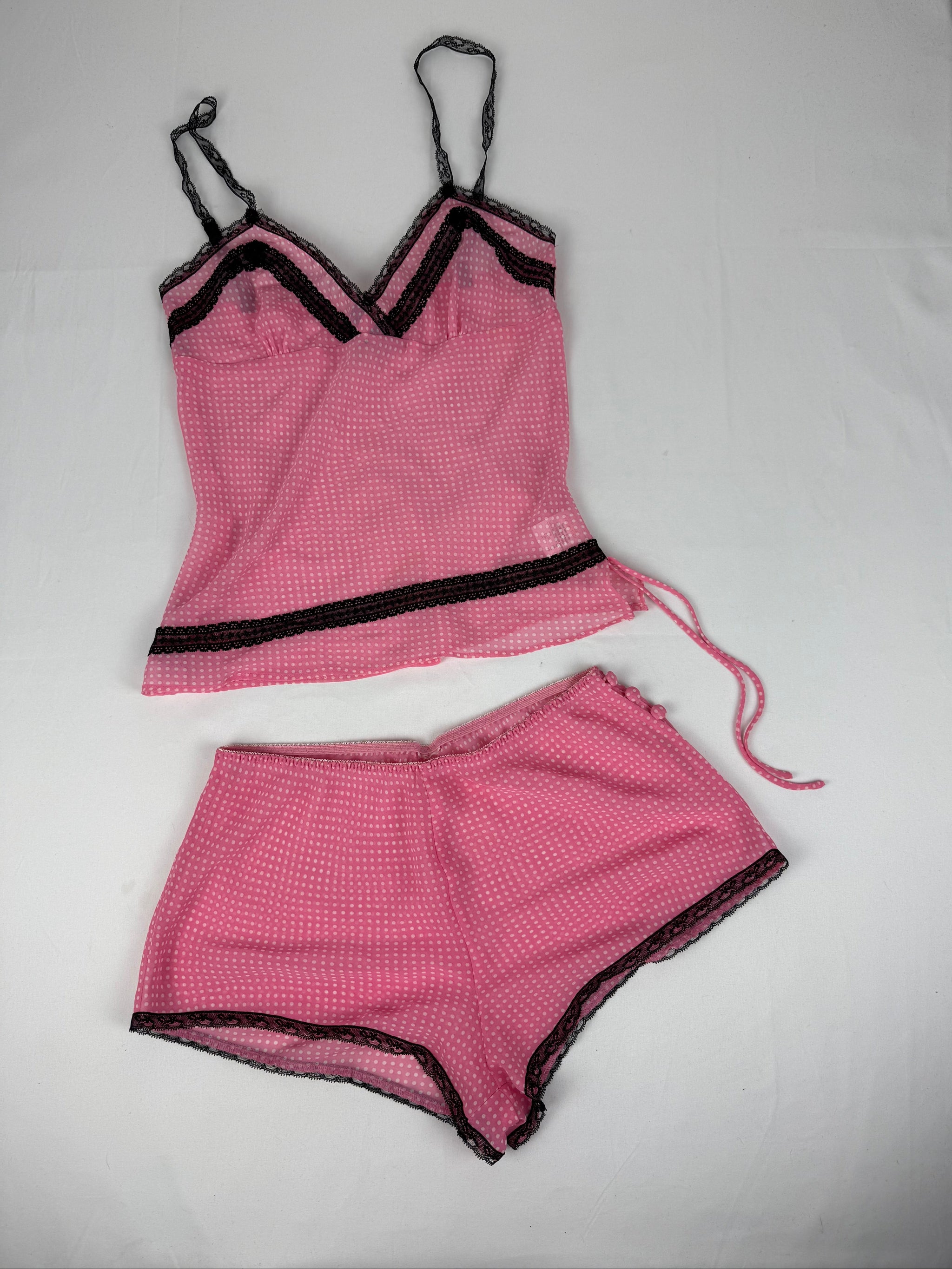 Pink polka dots mesh shorty + top set (M)