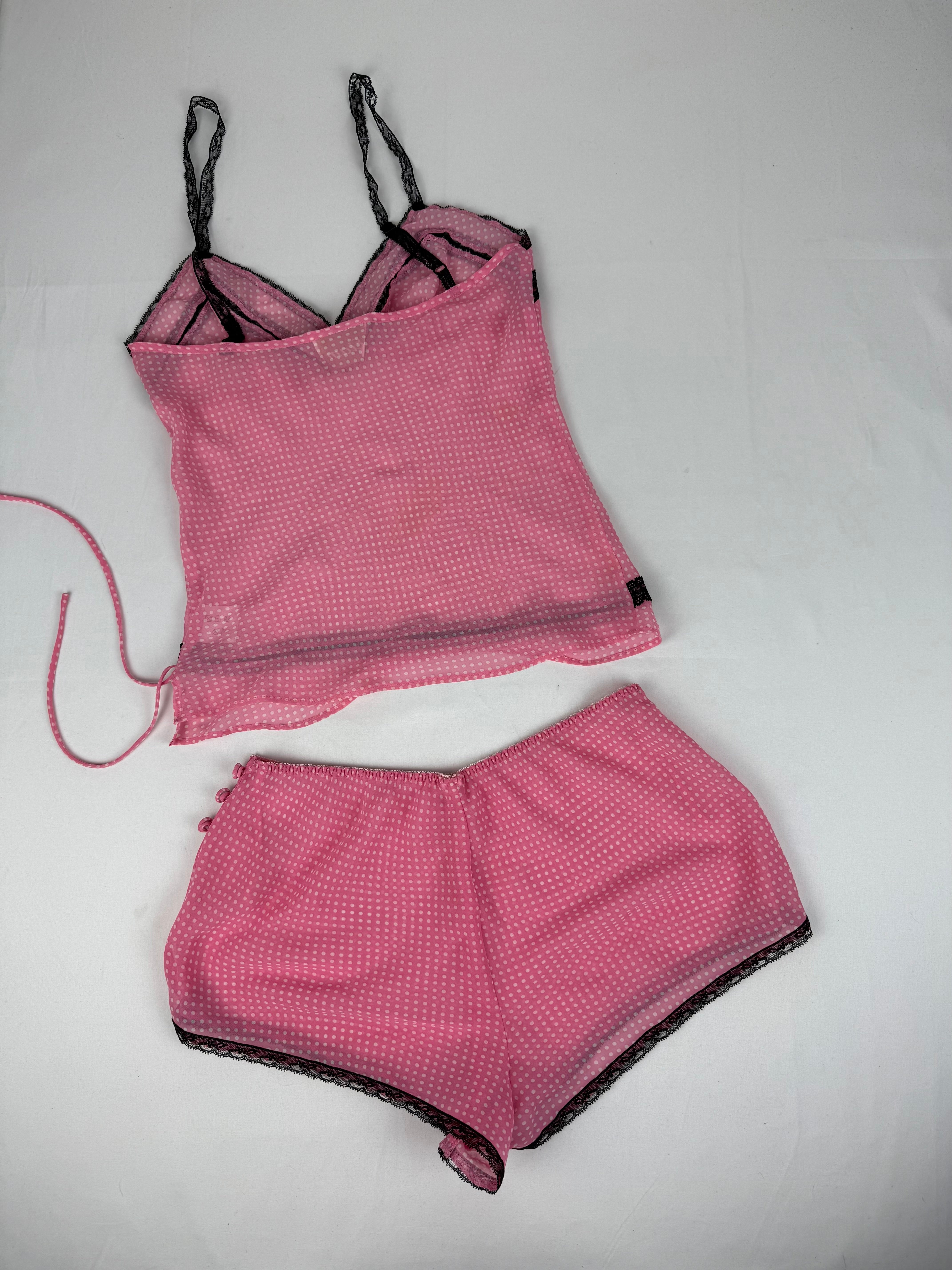 Pink polka dots mesh shorty + top set (M)