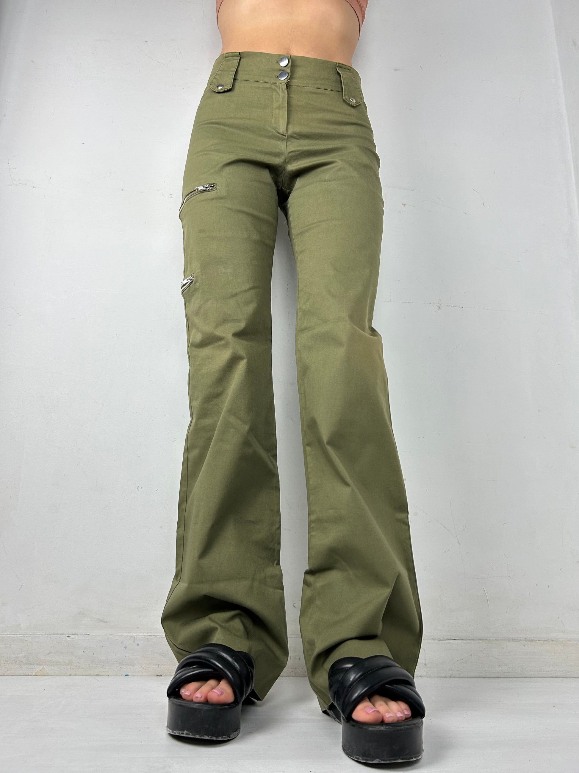 Khaki denim low rise flare pants (S)