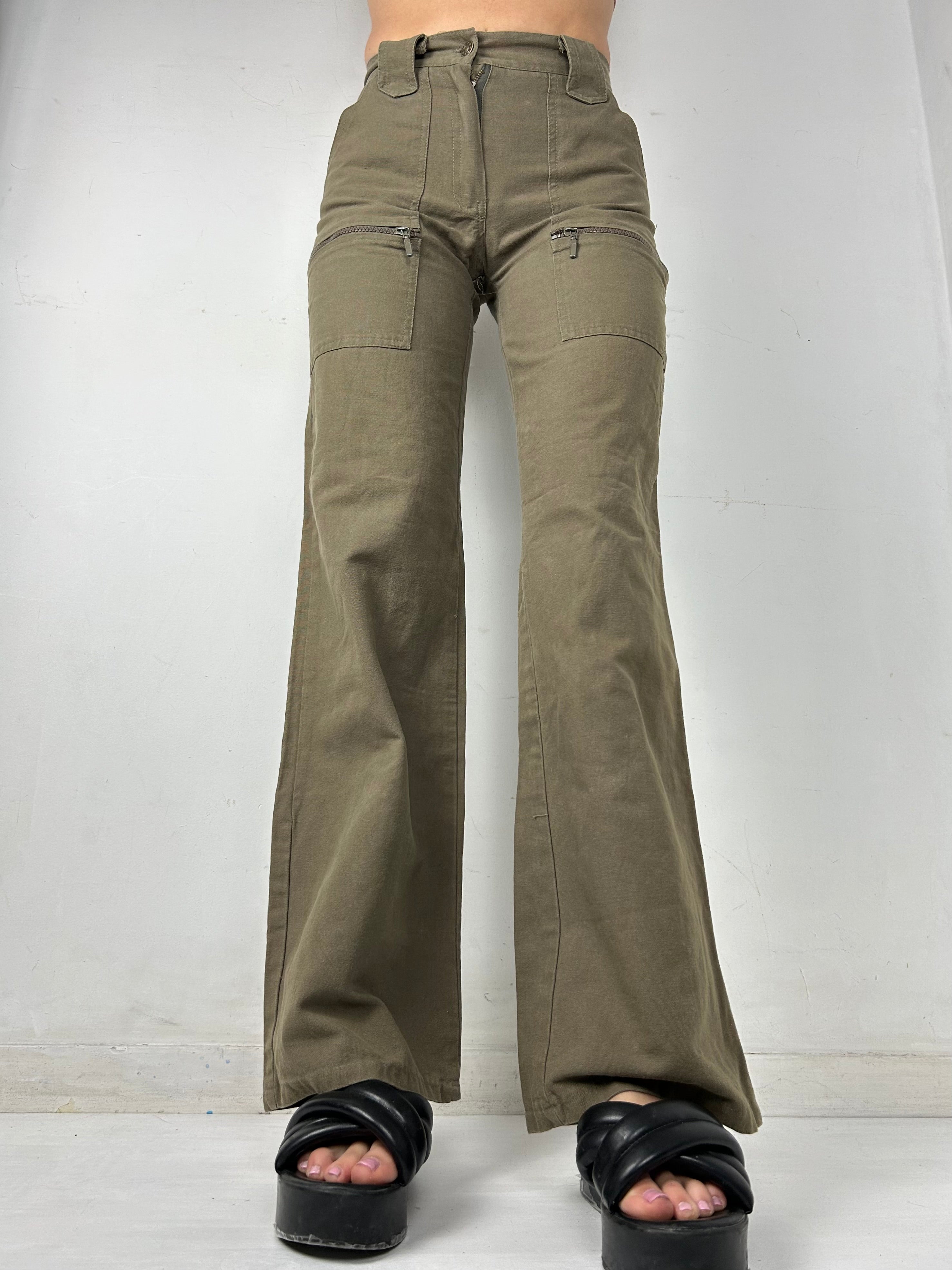 Khaki denim low rise flare pants (S)