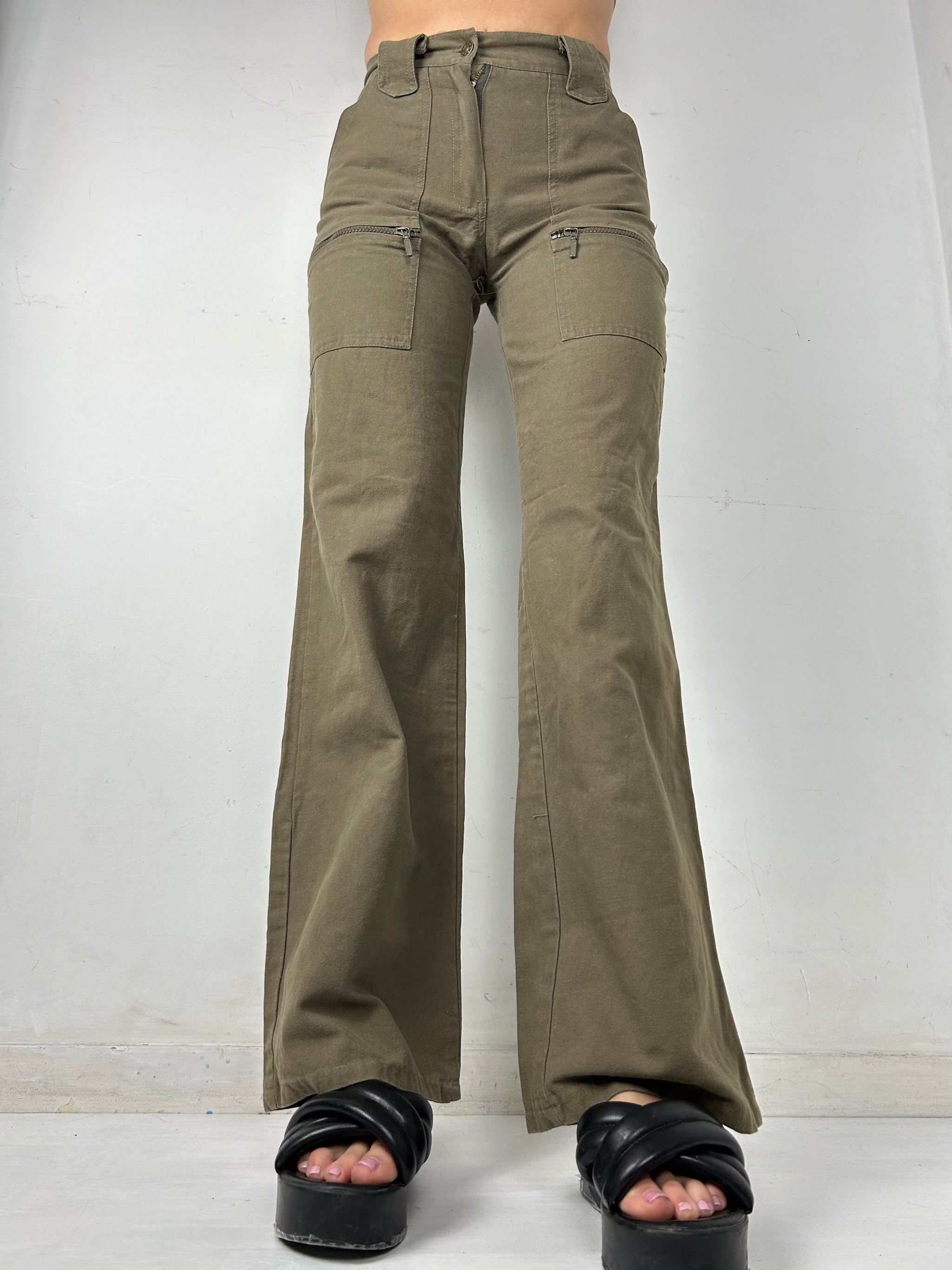 Khaki denim low rise flare pants (S)