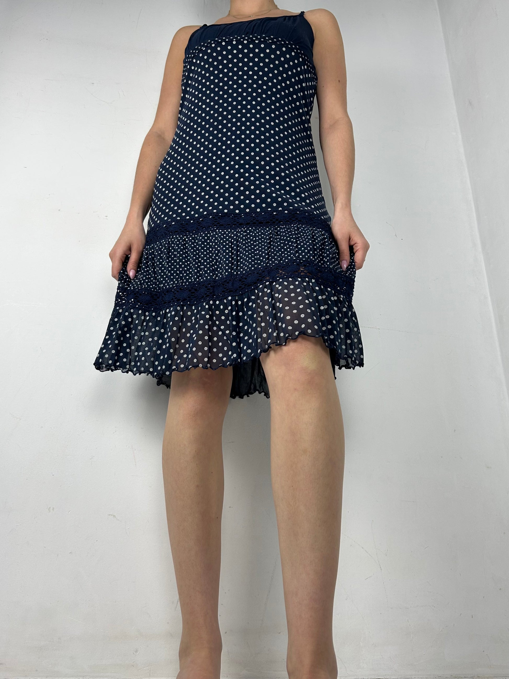 Navy polka dots pleated dress (S/M)
