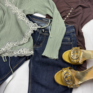 Khaki pleated embroidered cardigan top (M/L)