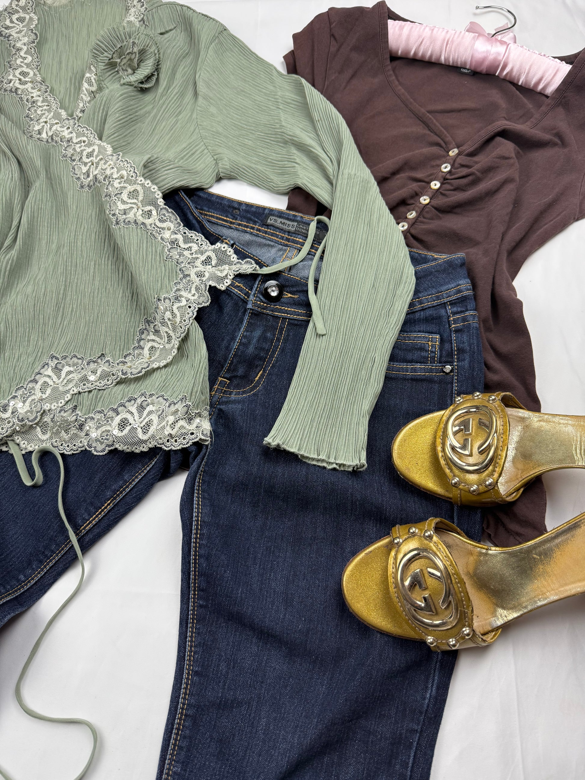 Khaki pleated embroidered cardigan top (M/L)