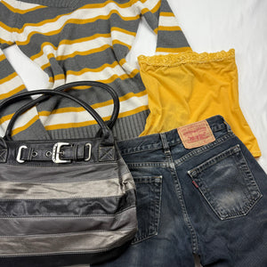 Striped yellow & grey V bardot neck jumper (M)