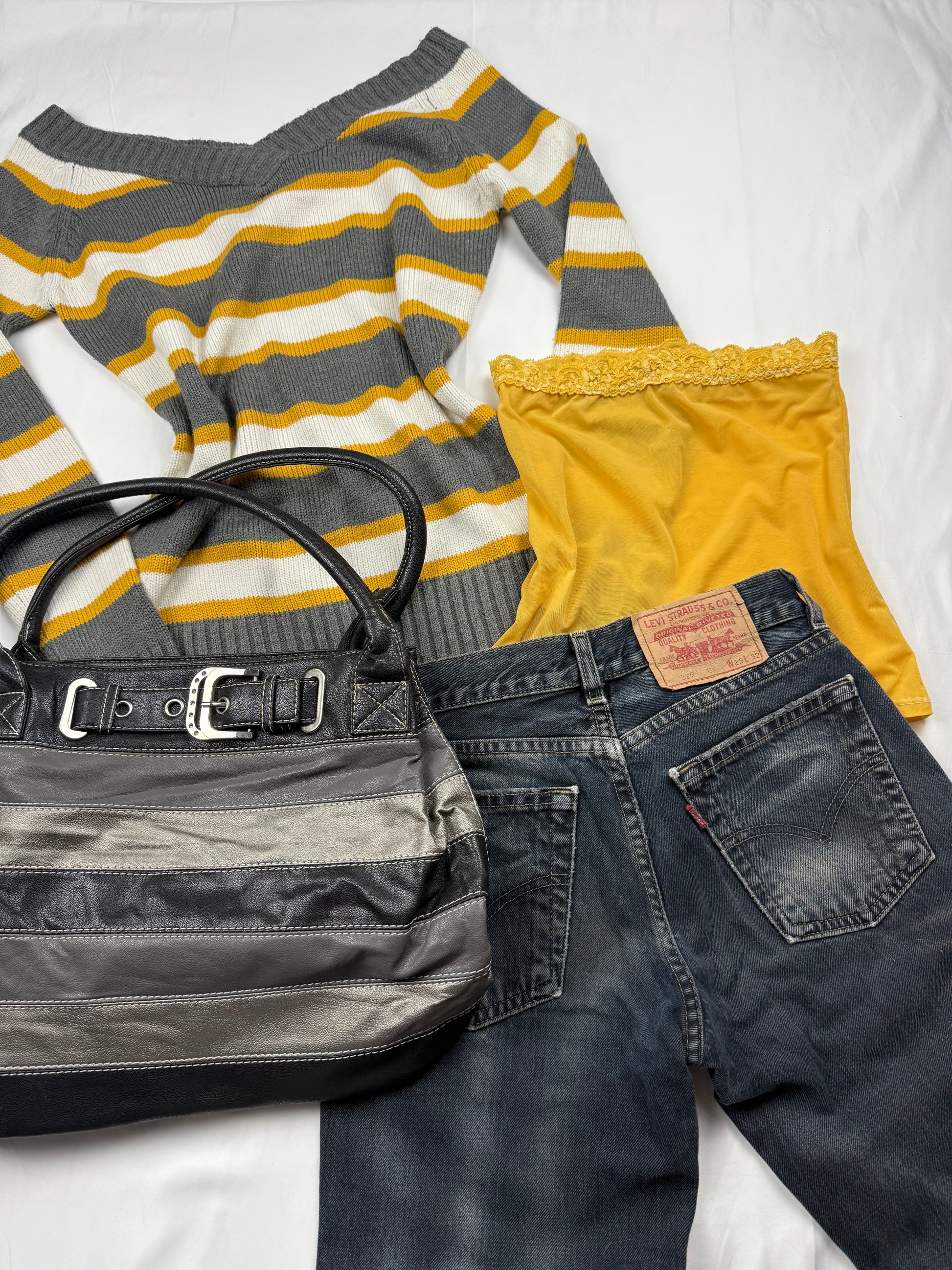 Striped yellow & grey V bardot neck jumper (M)