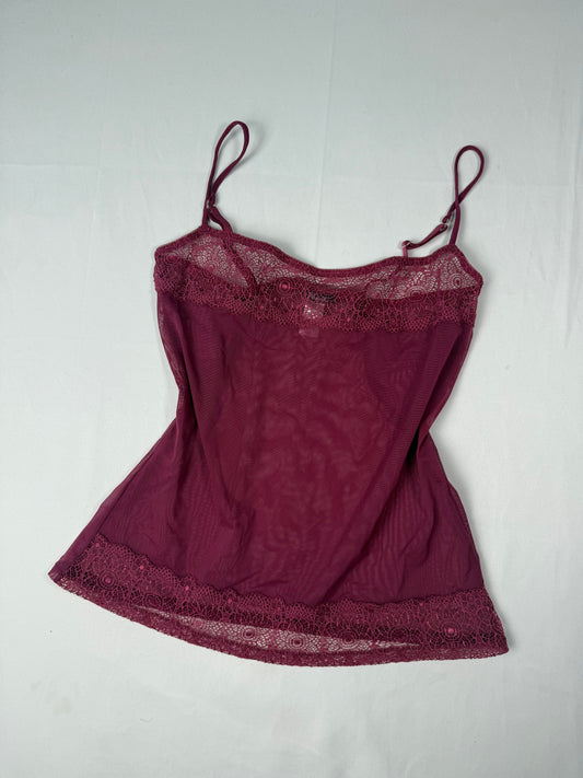 Burgundy mesh see trough babydoll cami top (L)