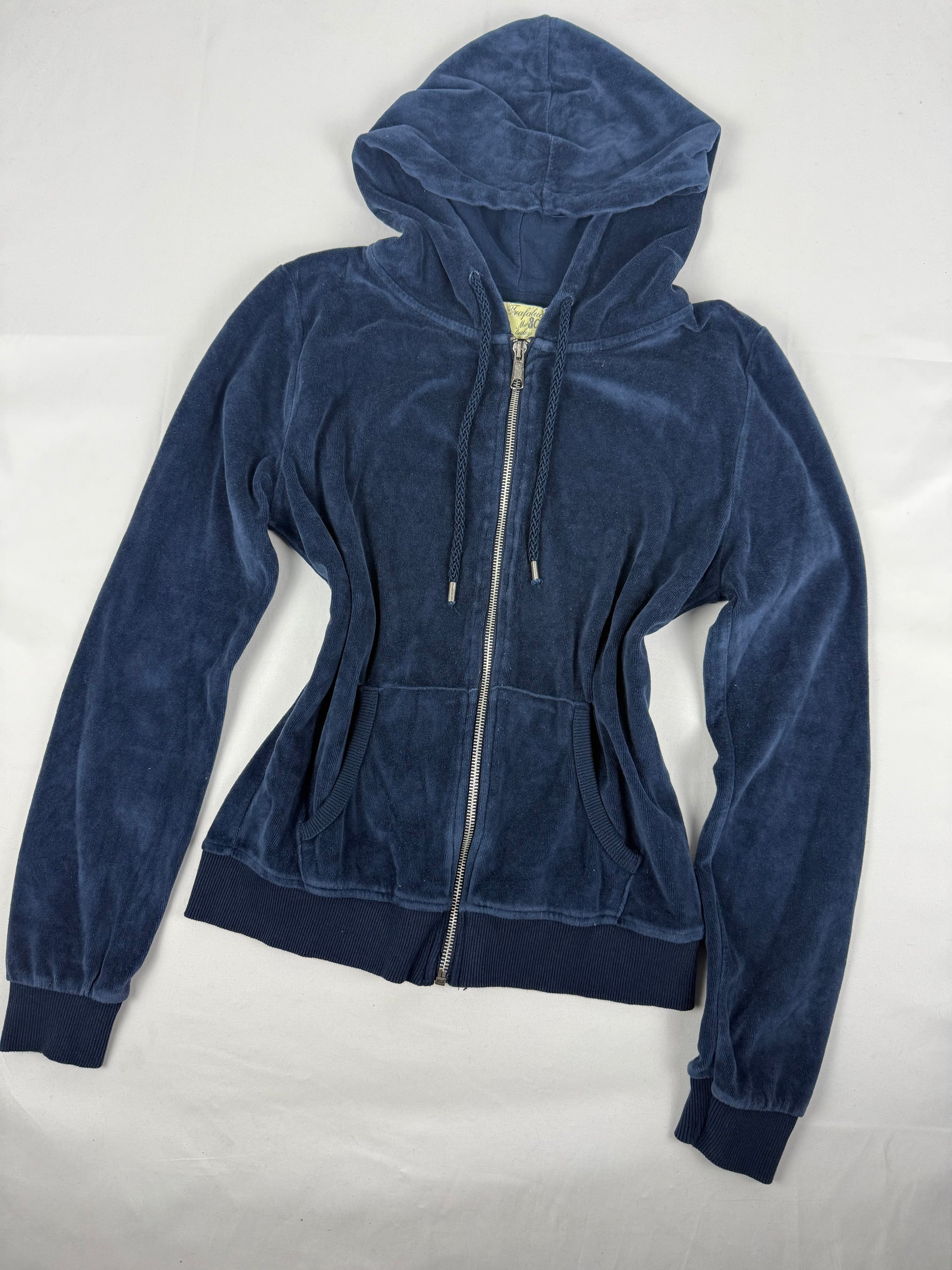 Navy blue velvet zip up hoodie jacket (L)