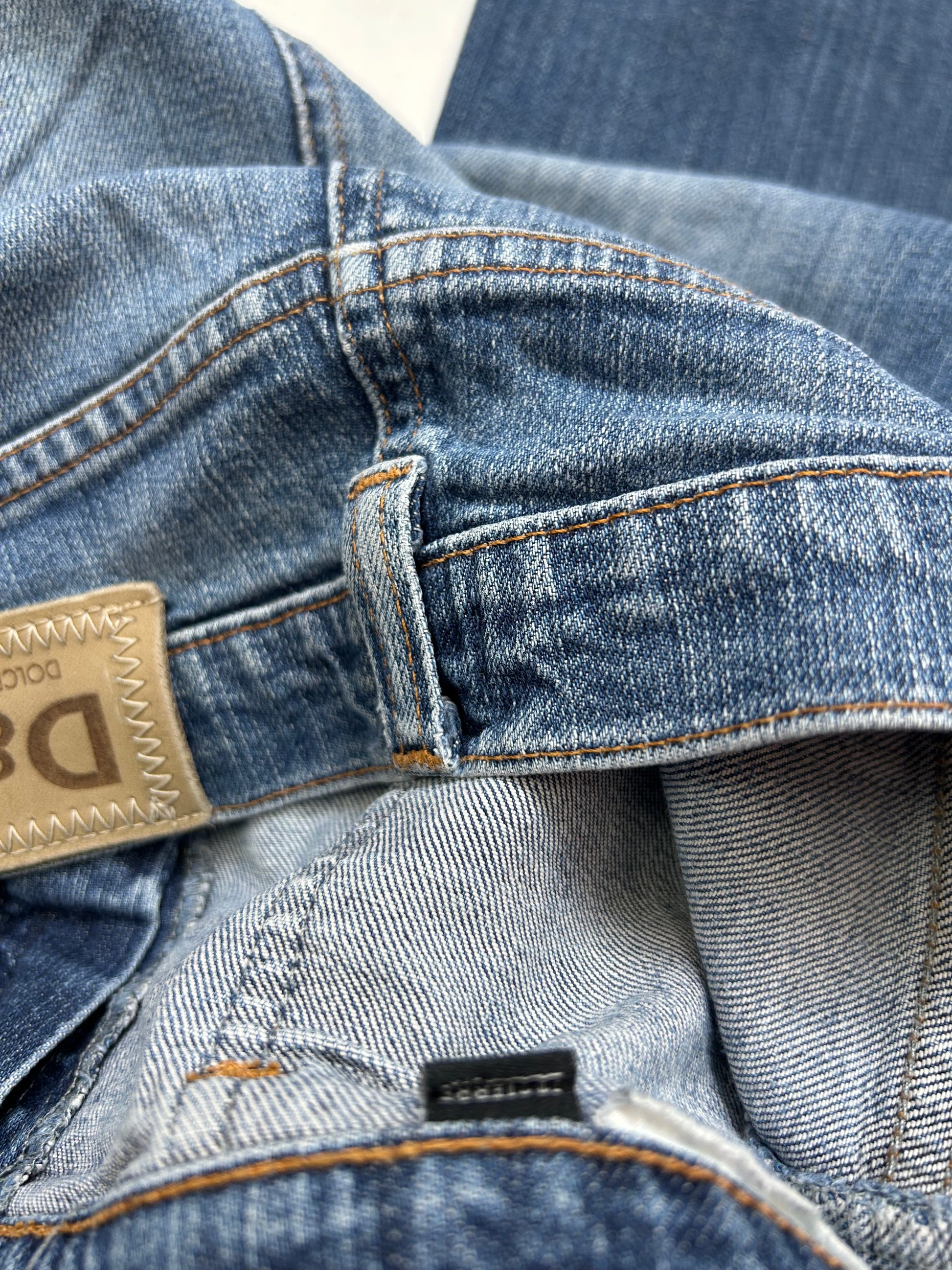 Blue denim low rise flare pants (S/M)