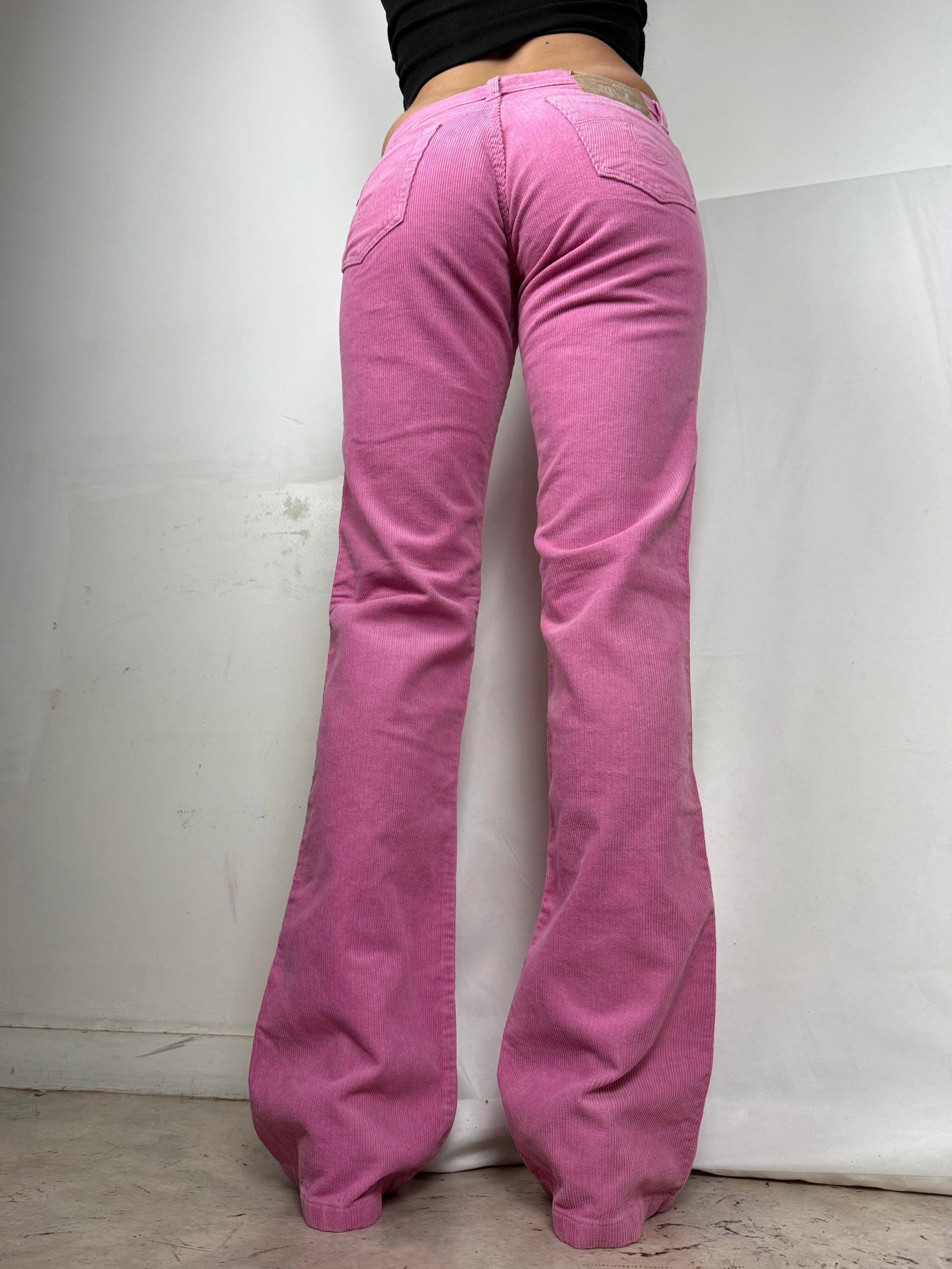 Pink velvet ribbed low rise flare bootcut pants (S/M)