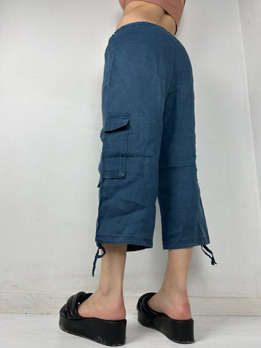 Blue 100% linen low waist capri pants (XL)