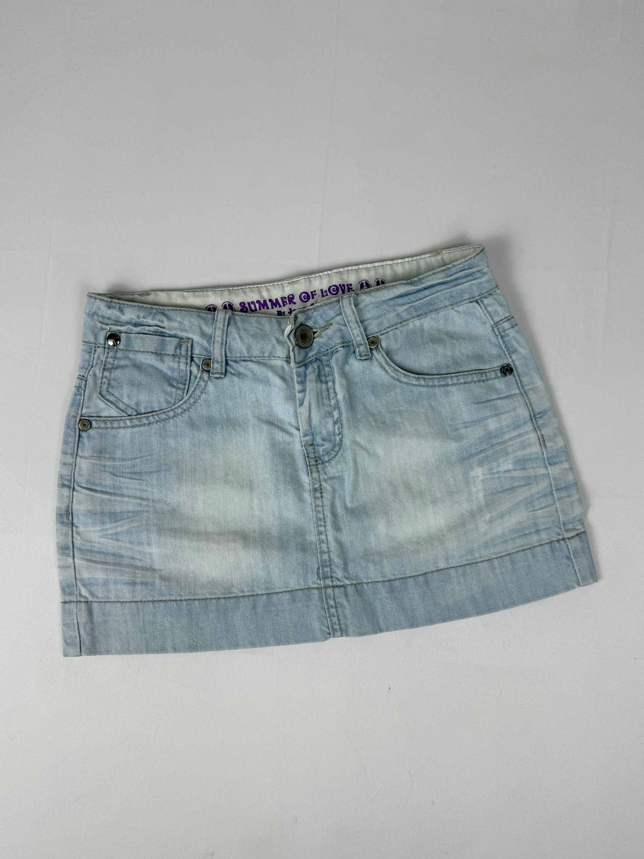 Blue denim low rise mini skirt (XS)