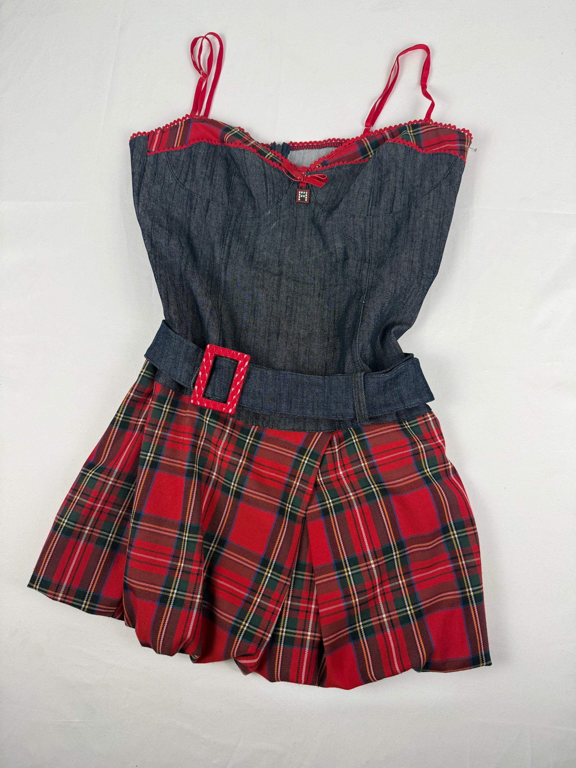 Denim red corse pleated mini dress (XL)