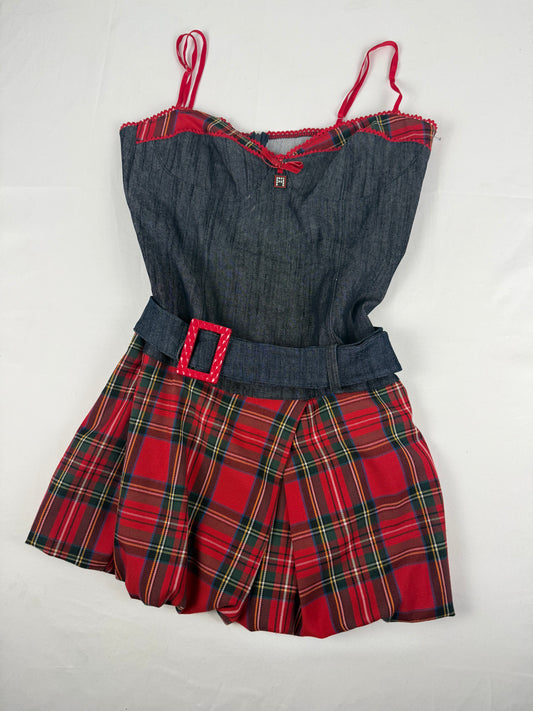 Denim red corse pleated mini dress (XL)