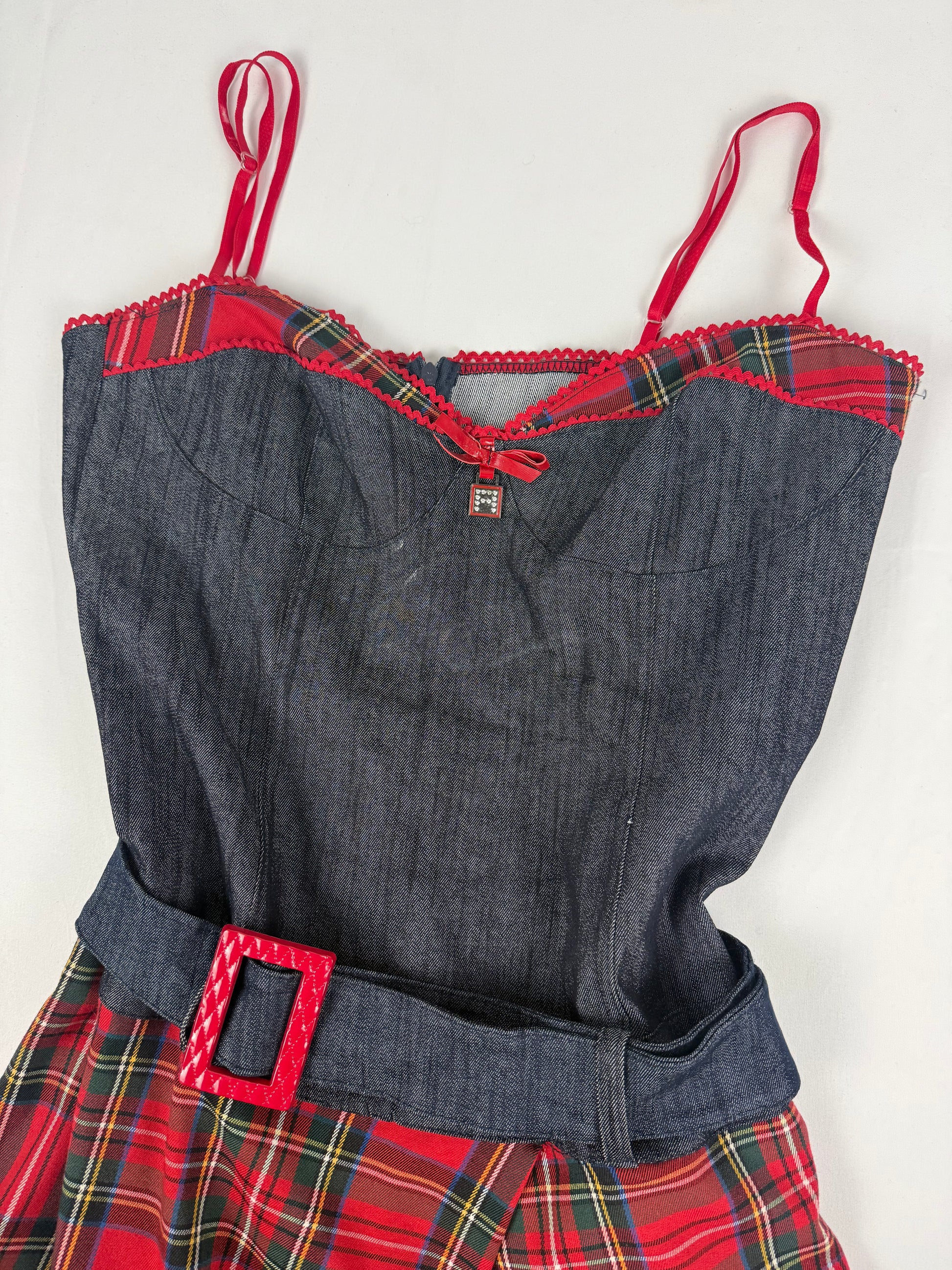 Denim red corse pleated mini dress (XL)