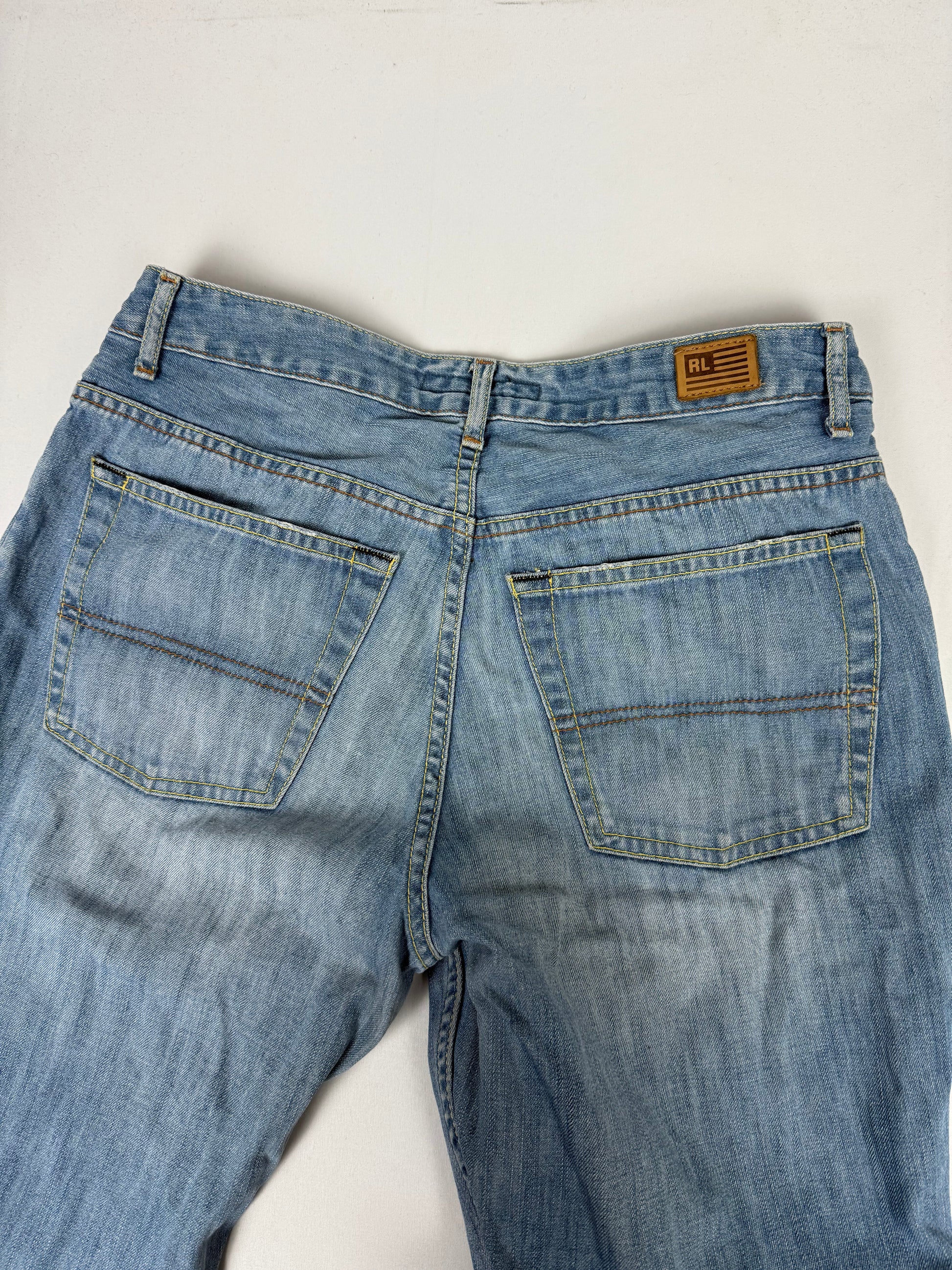 Blue denim cotton low rise flare bootcut pants (S)