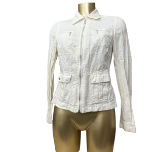 White zip up tight fit linen office jacket (S)