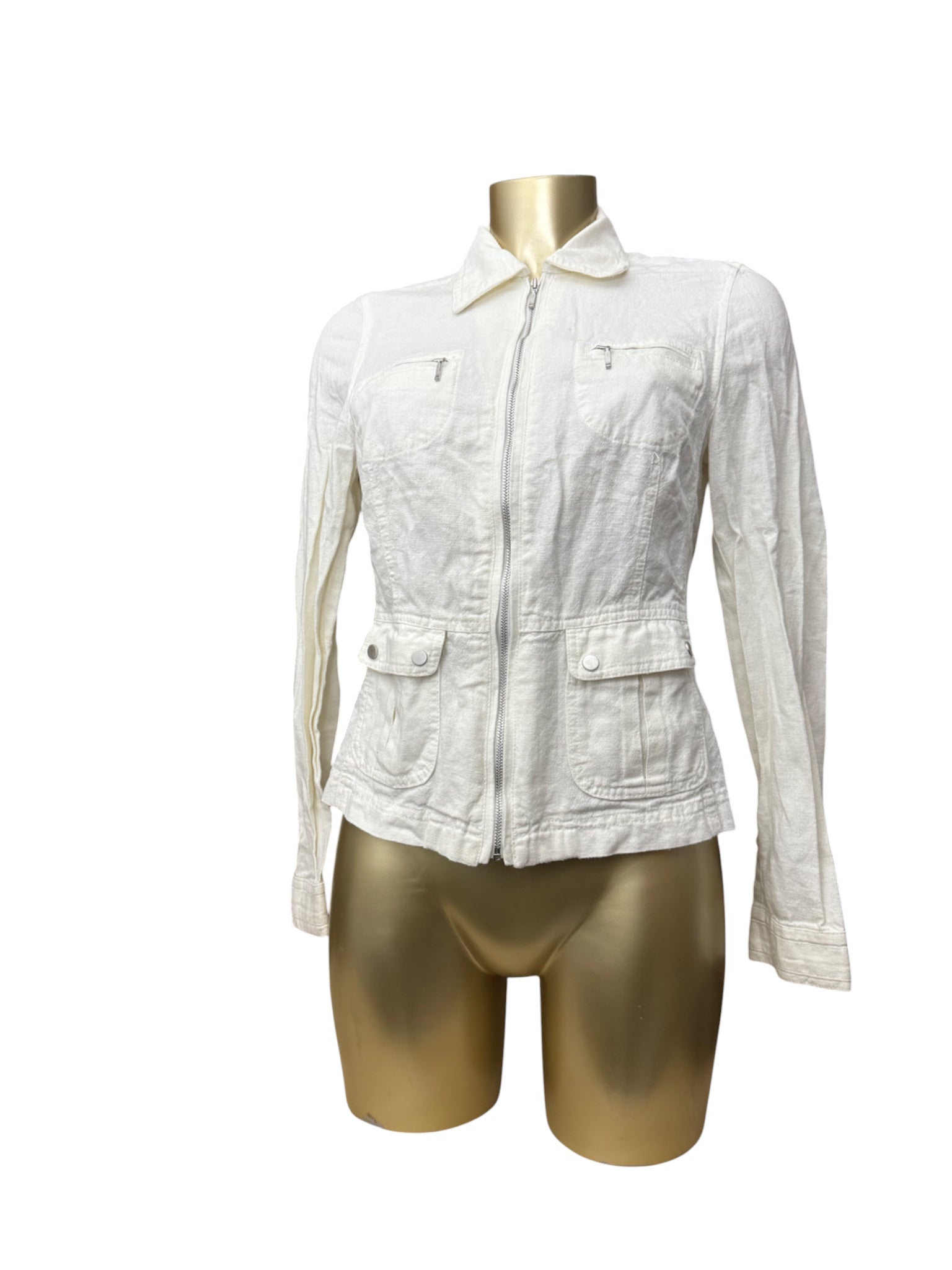 White zip up tight fit linen office jacket (S)
