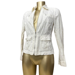 White zip up tight fit linen office jacket (S)