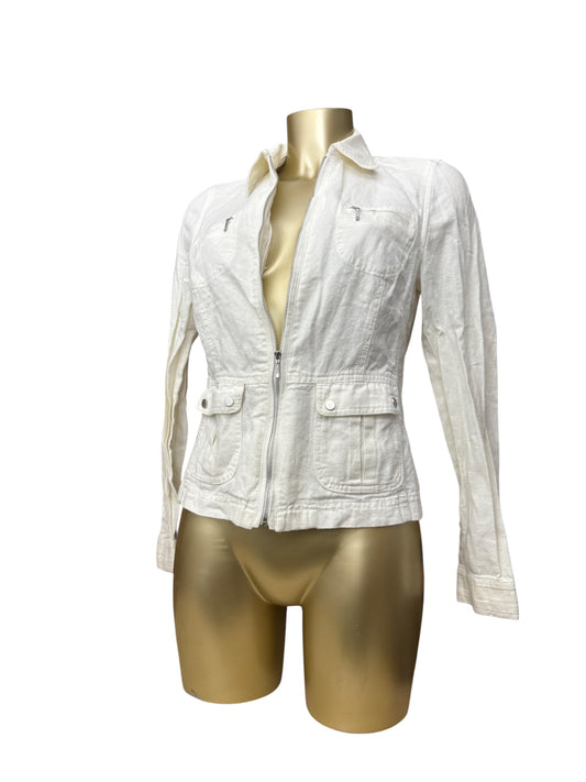 White zip up tight fit linen office jacket (S)