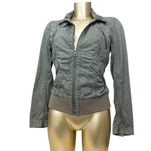 Khaki zip up tight fit cotton biker jacket (XS)