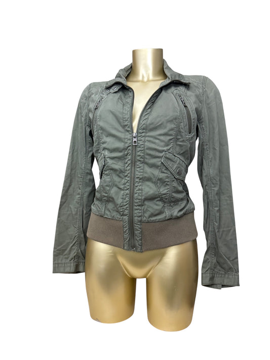 Khaki zip up tight fit cotton biker jacket (XS)