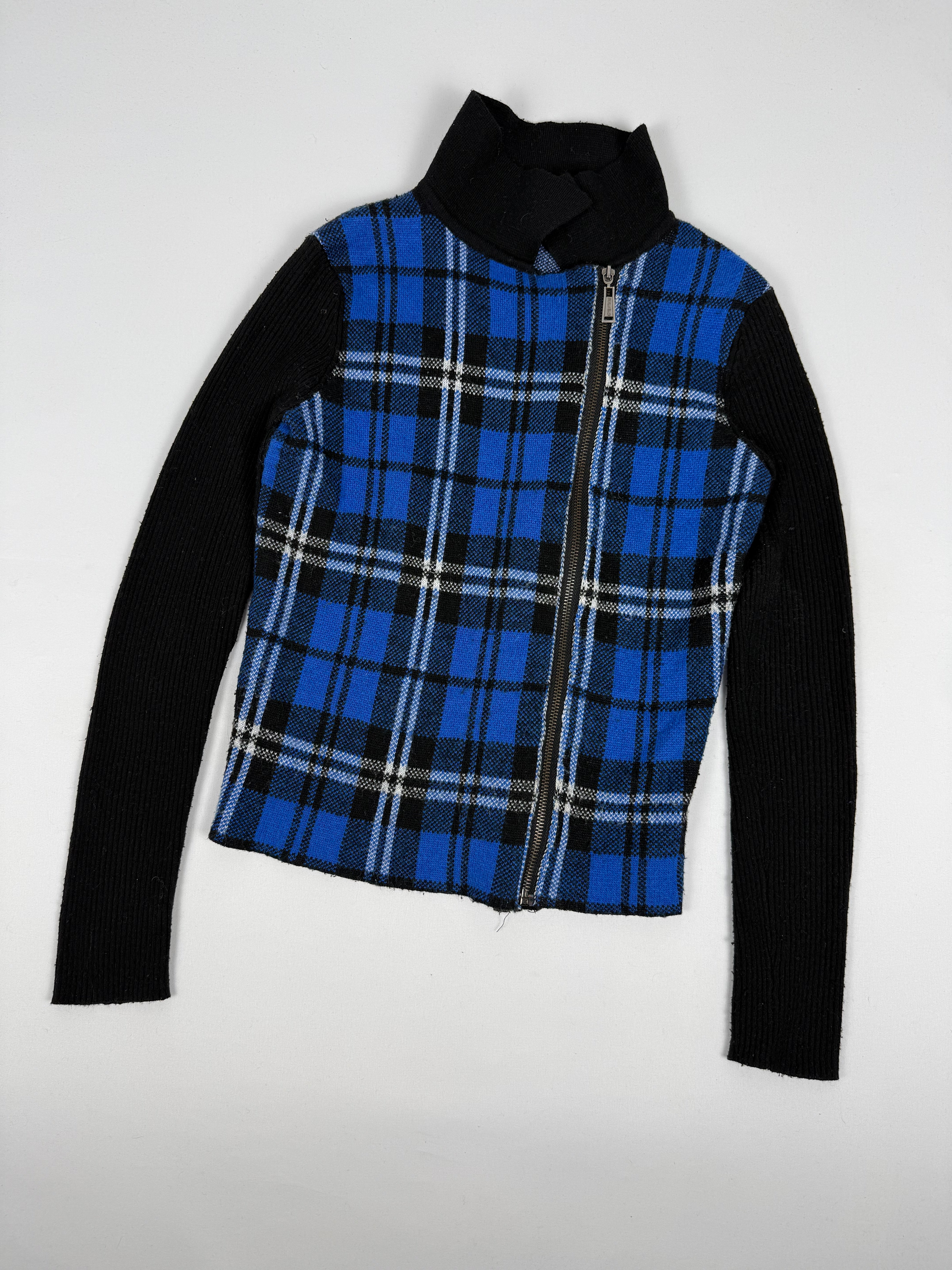 Blue check print knitted jumper jacket (M)