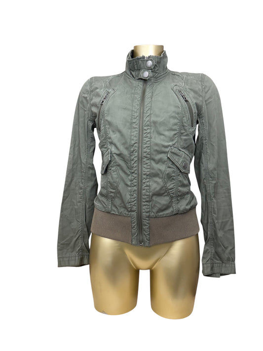 Khaki zip up tight fit cotton biker jacket (XS)