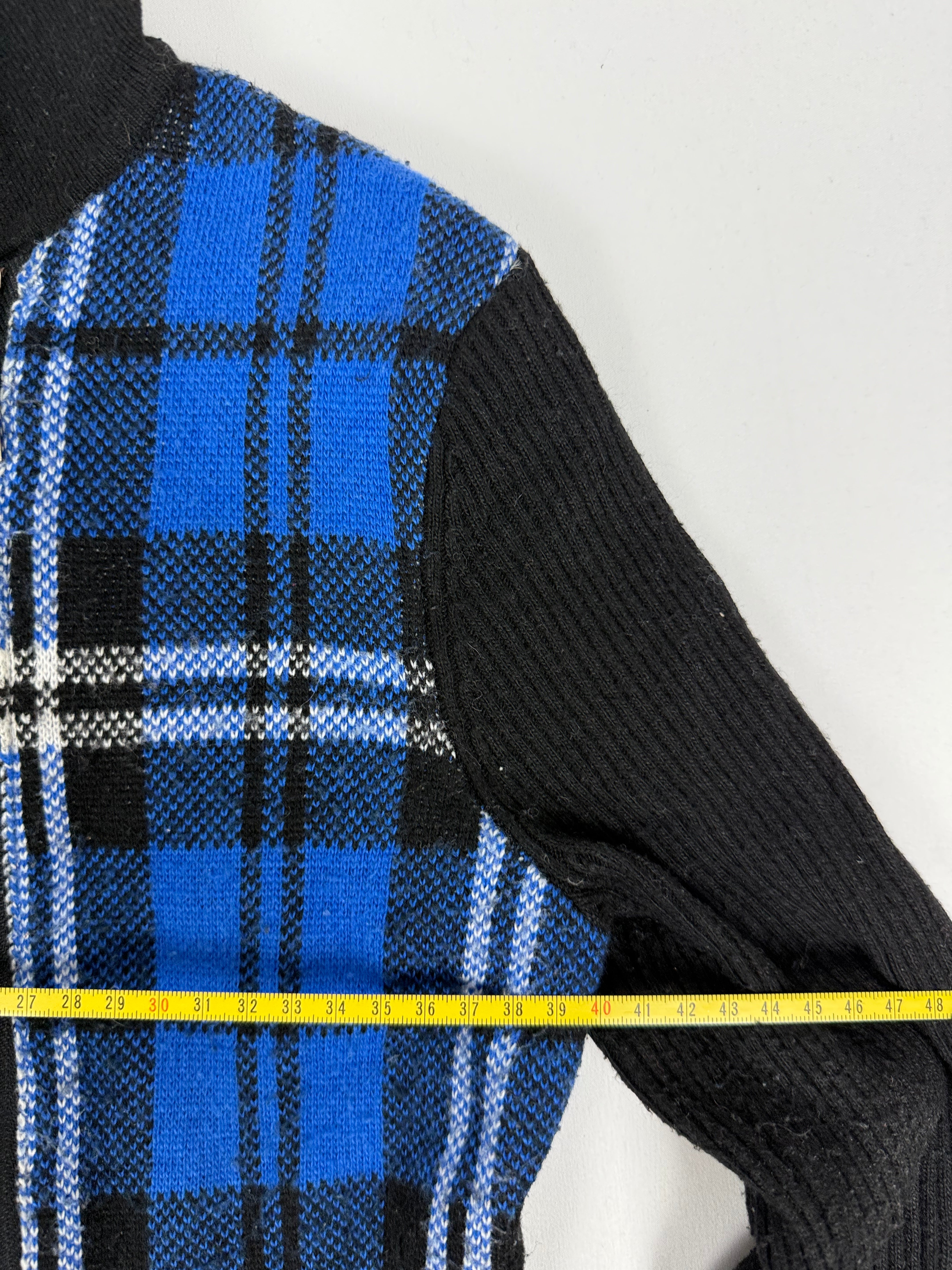 Blue check print knitted jumper jacket (M)