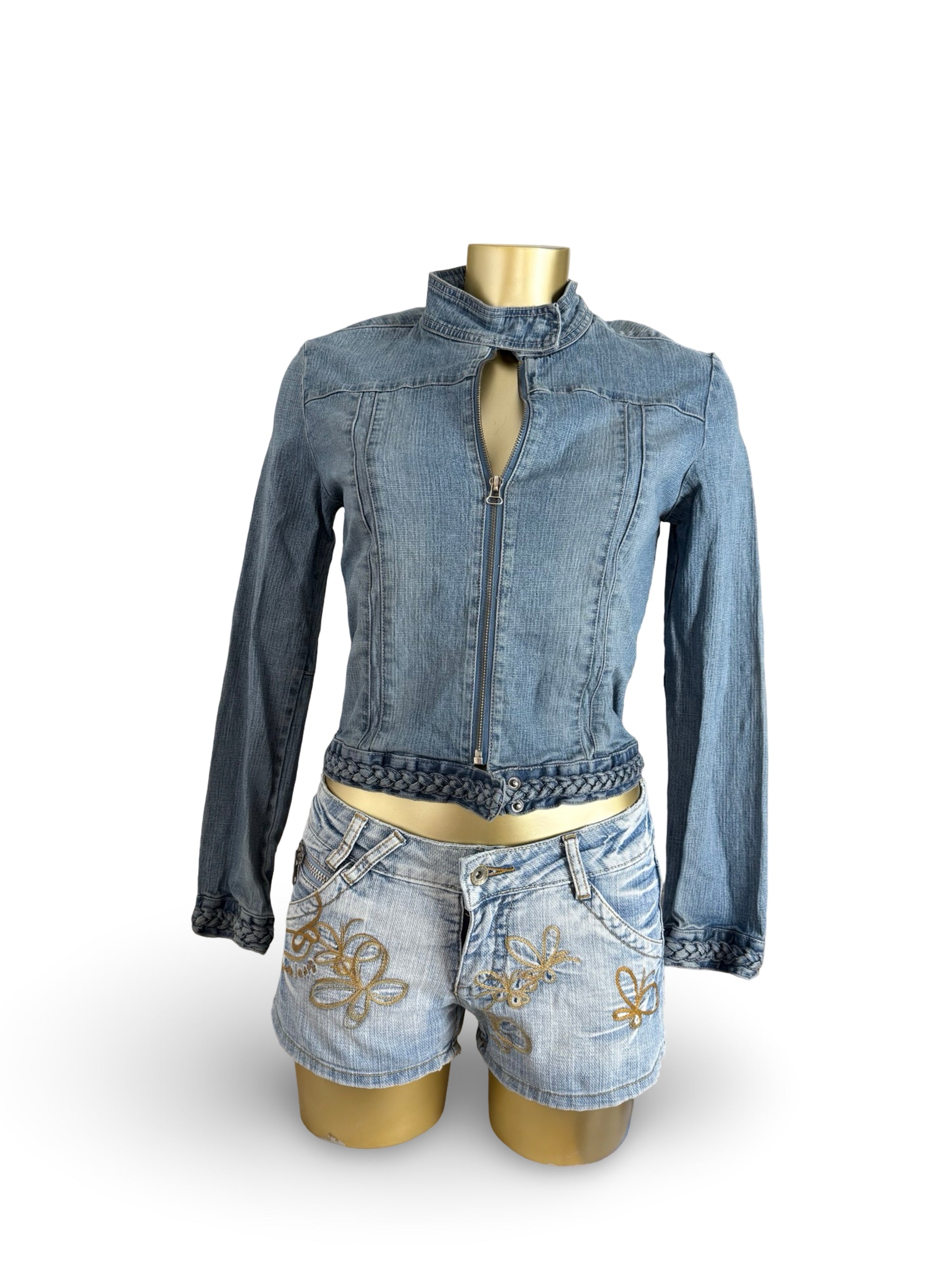 Blue denim tight fit zip up biker jacket (S/M)
