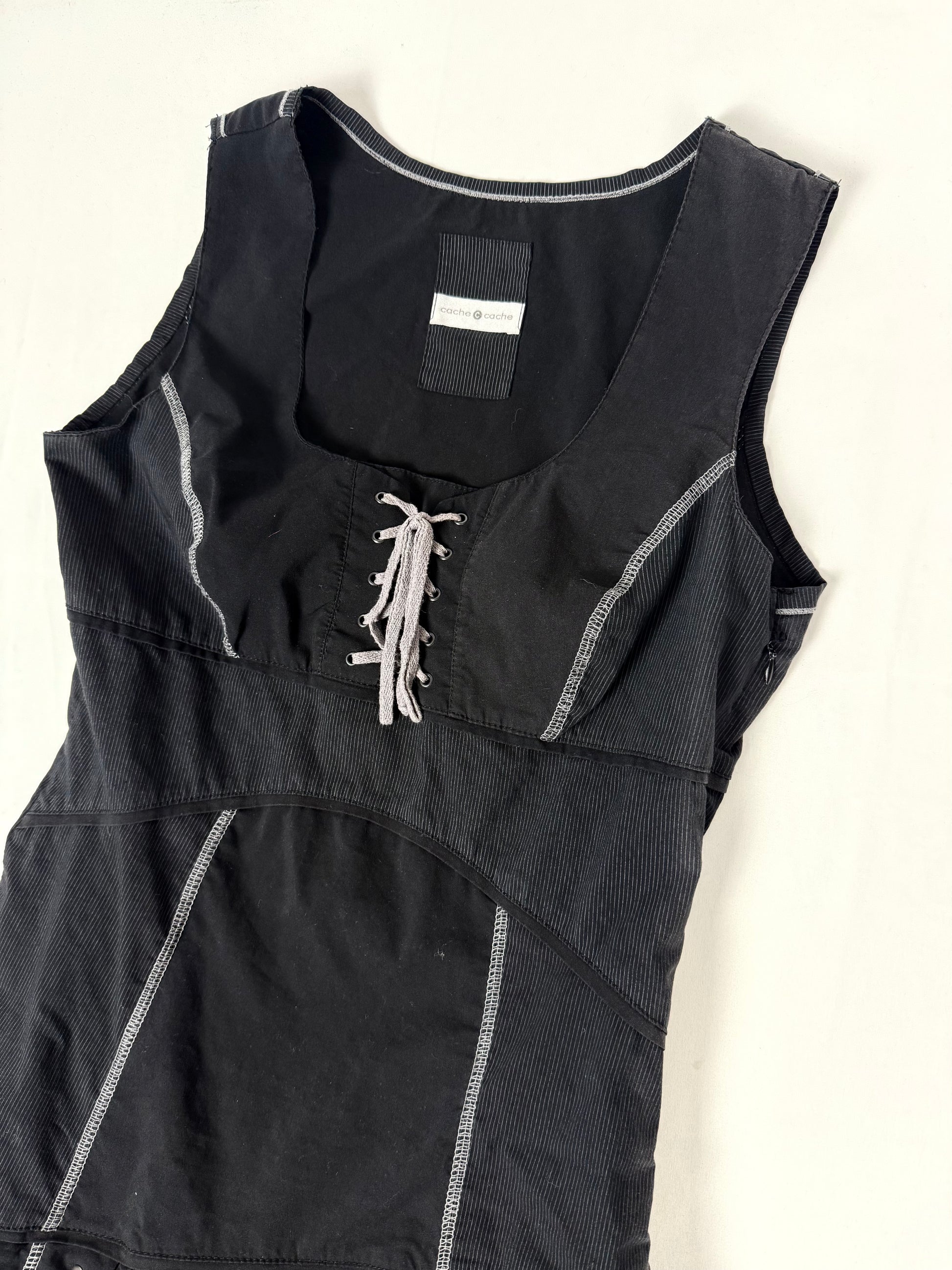 Black lace up pleated mini dress (S)