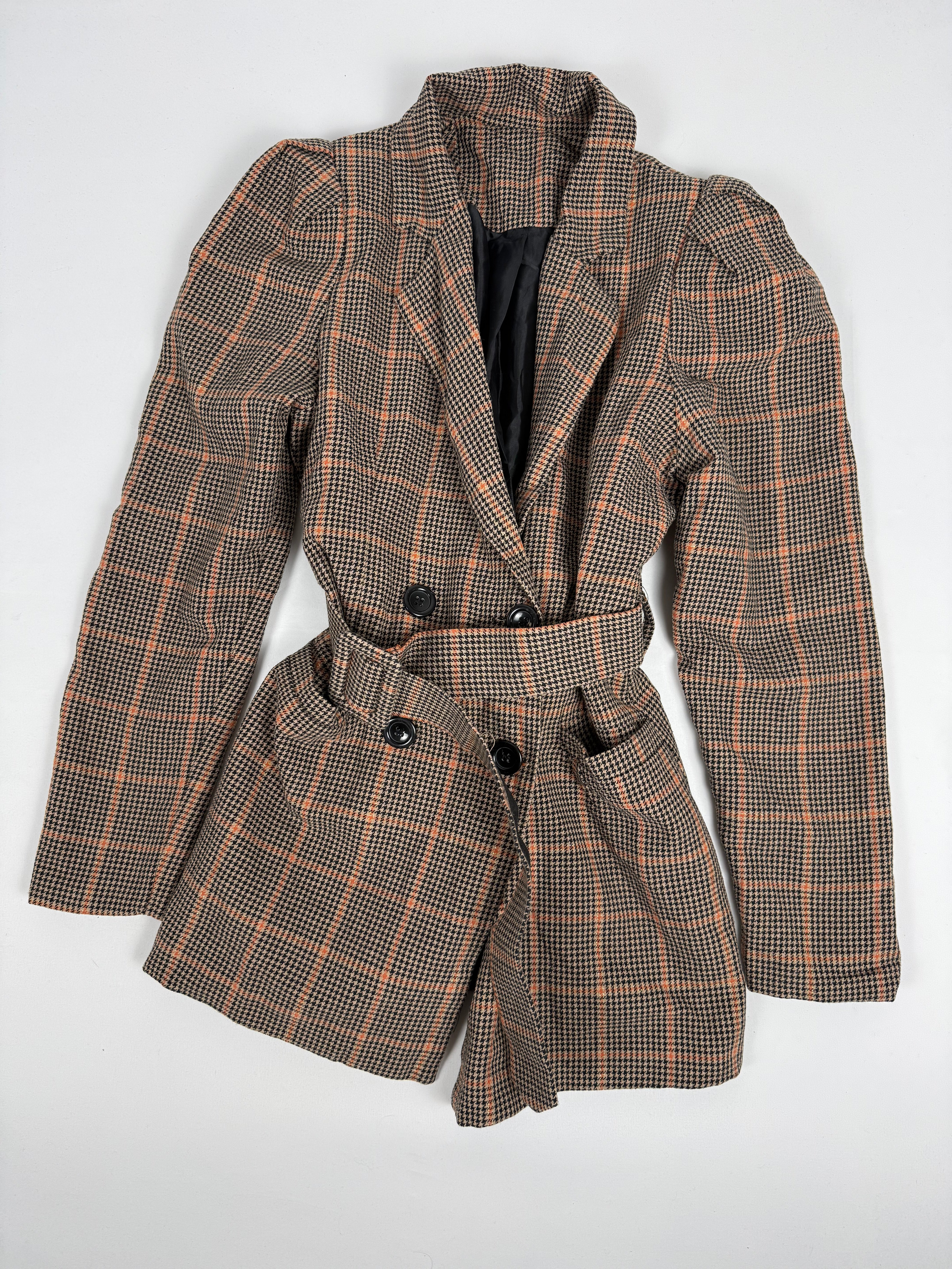 Brown check print mid season trench coat (S)