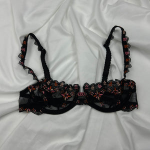 Black lace embroidered mesh balcony vintage bra