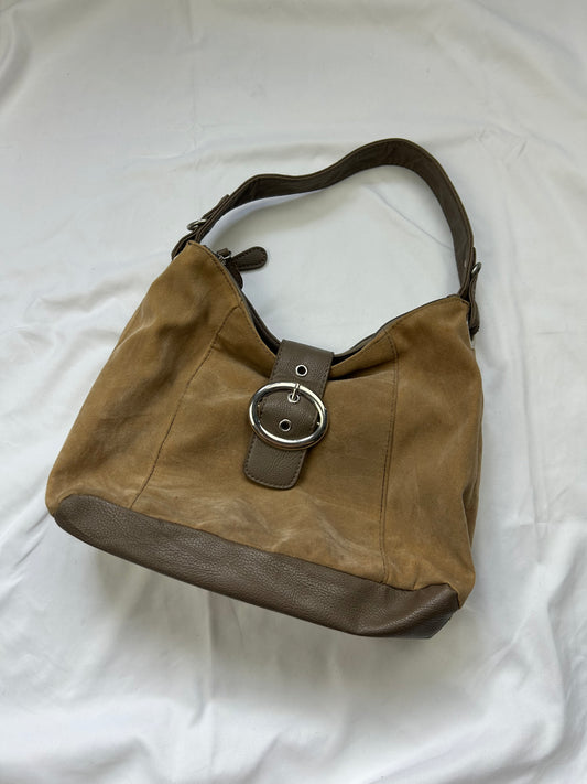Beige suede buckle shoulder bag