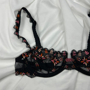 Black lace embroidered mesh balcony vintage bra