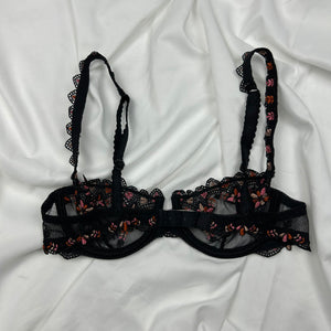 Black lace embroidered mesh balcony vintage bra