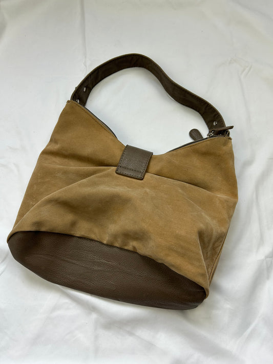 Beige suede buckle shoulder bag