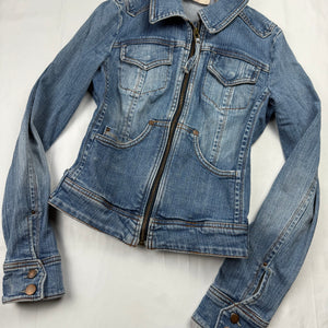 Blue denim zip up tight fit biker jacket (S)