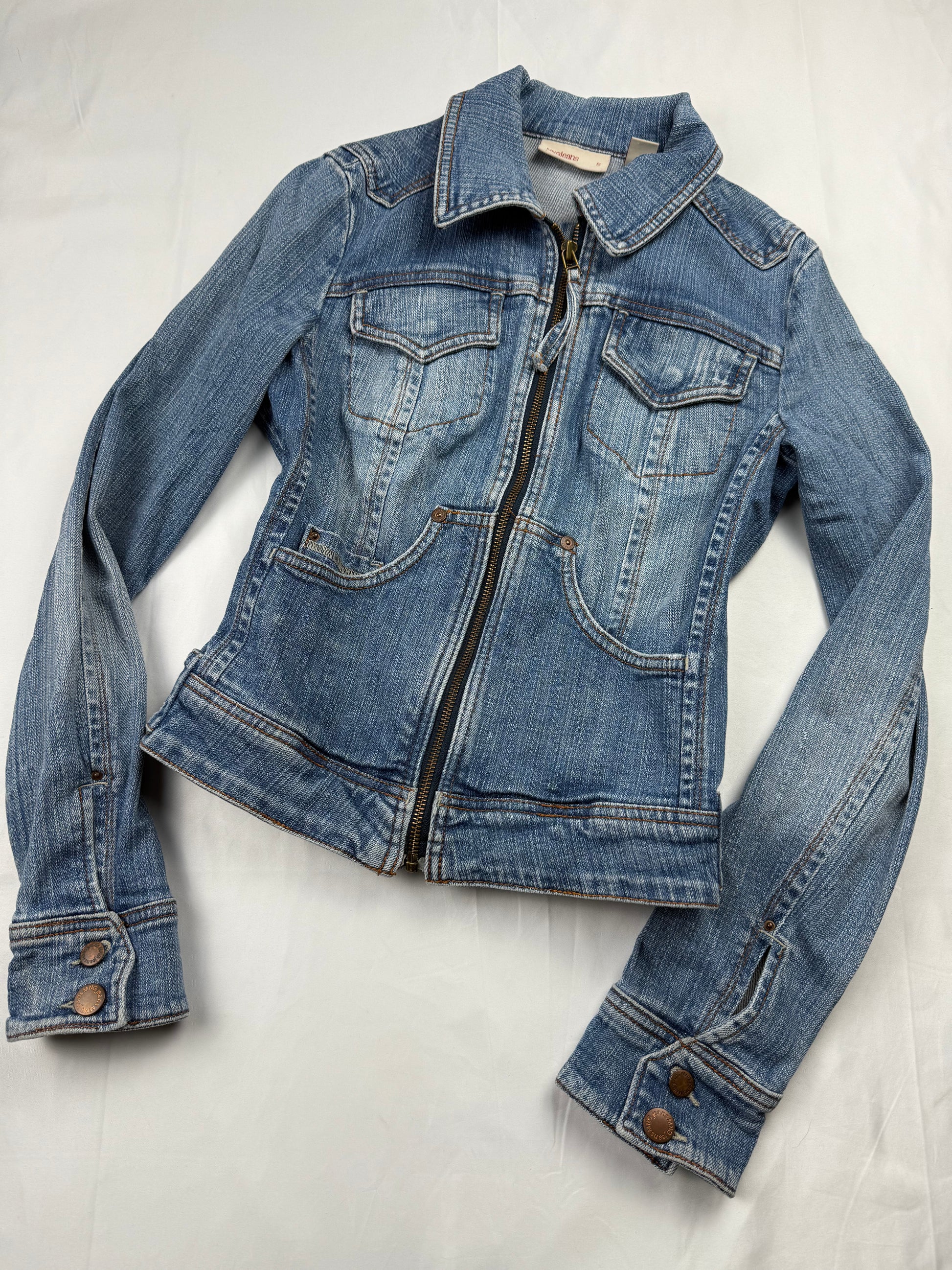 Blue denim zip up tight fit biker jacket (S)