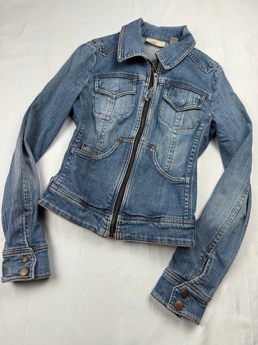 Blue denim zip up tight fit biker jacket (S)