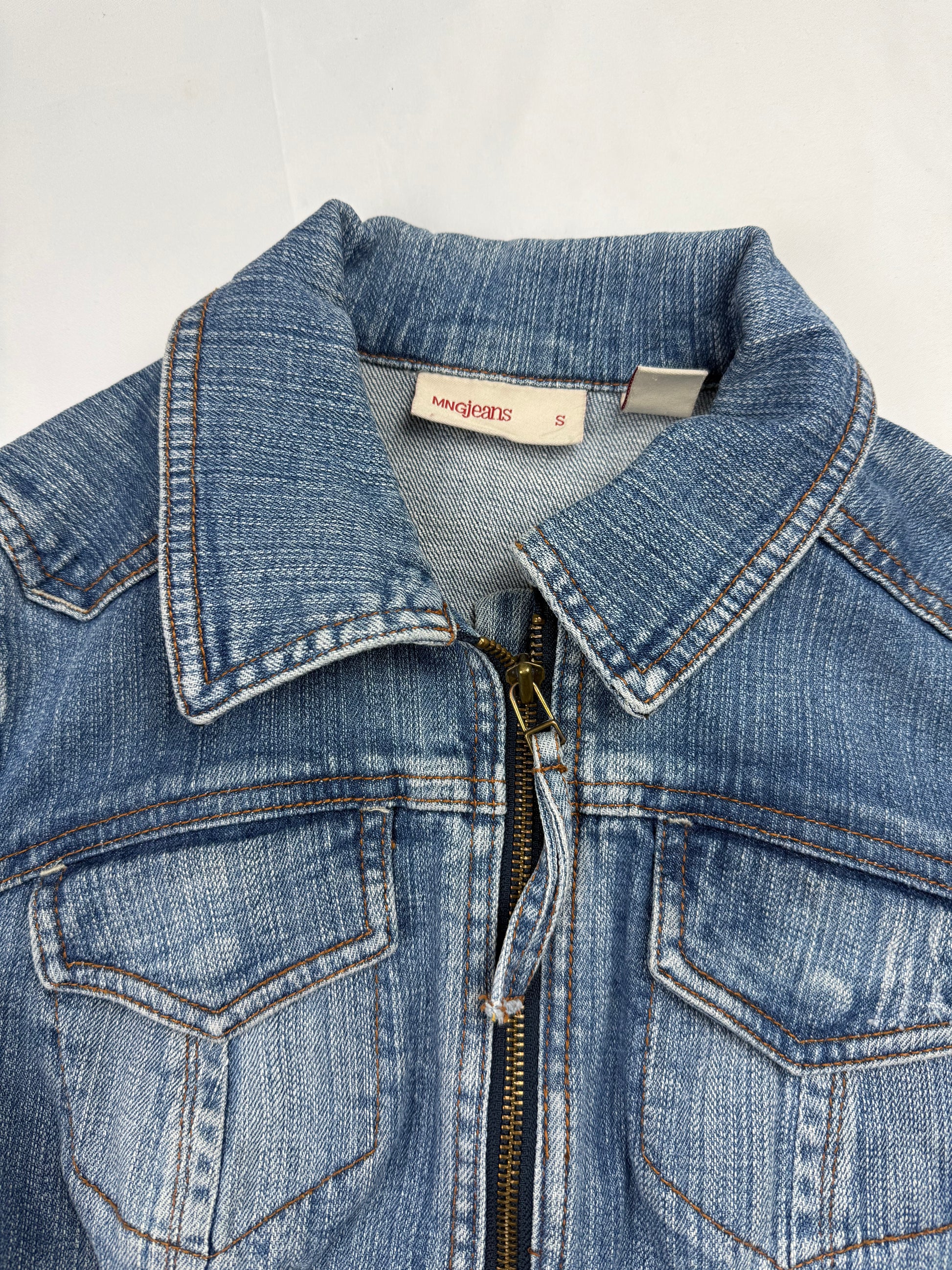 Blue denim zip up tight fit biker jacket (S)