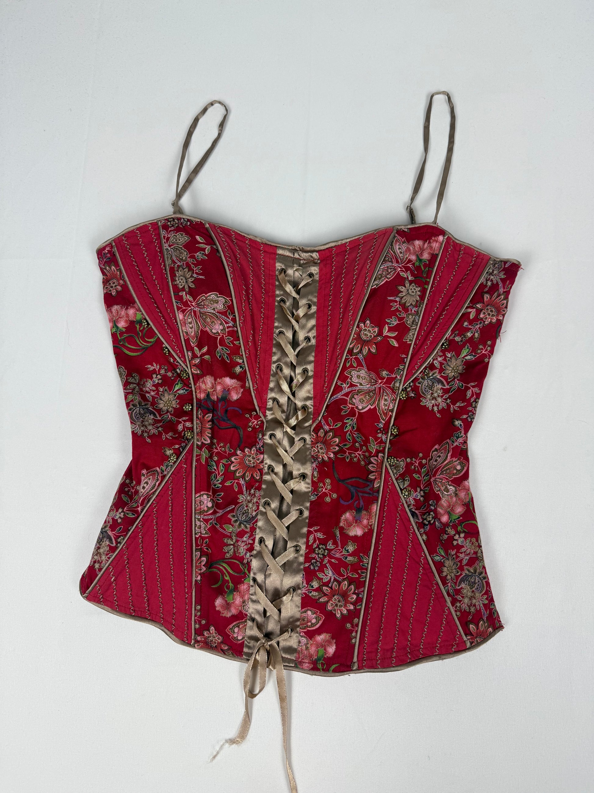 Red graphic lace up corset top (M/L)